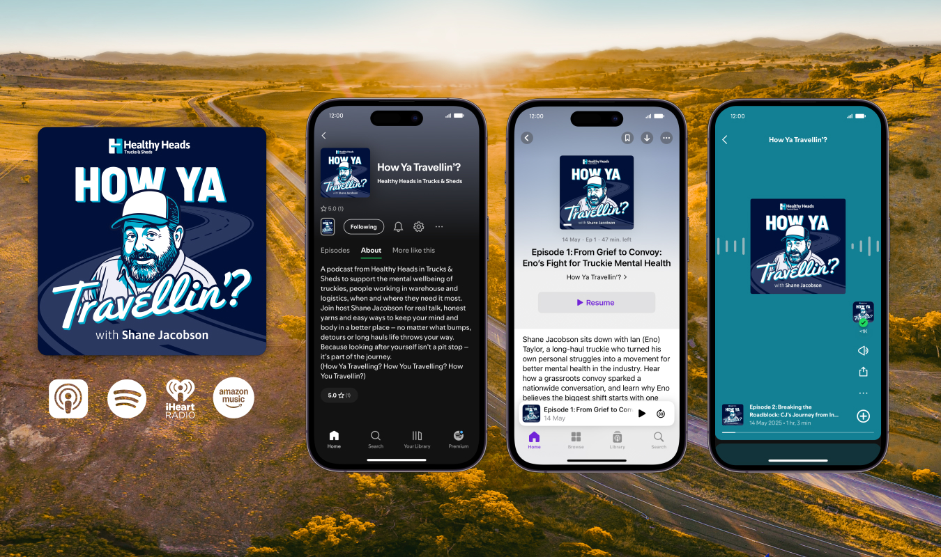 How Ya Travellin'? Podcast illustrated hero image shown next to phone mock ups of three different podcast episodes. Background behind images is of a sun setting over an empty road in farmland.