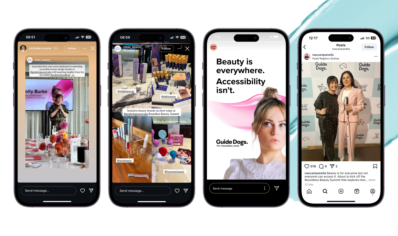 Image shows a range of campaign images and social posts mocked up on iPhones.
