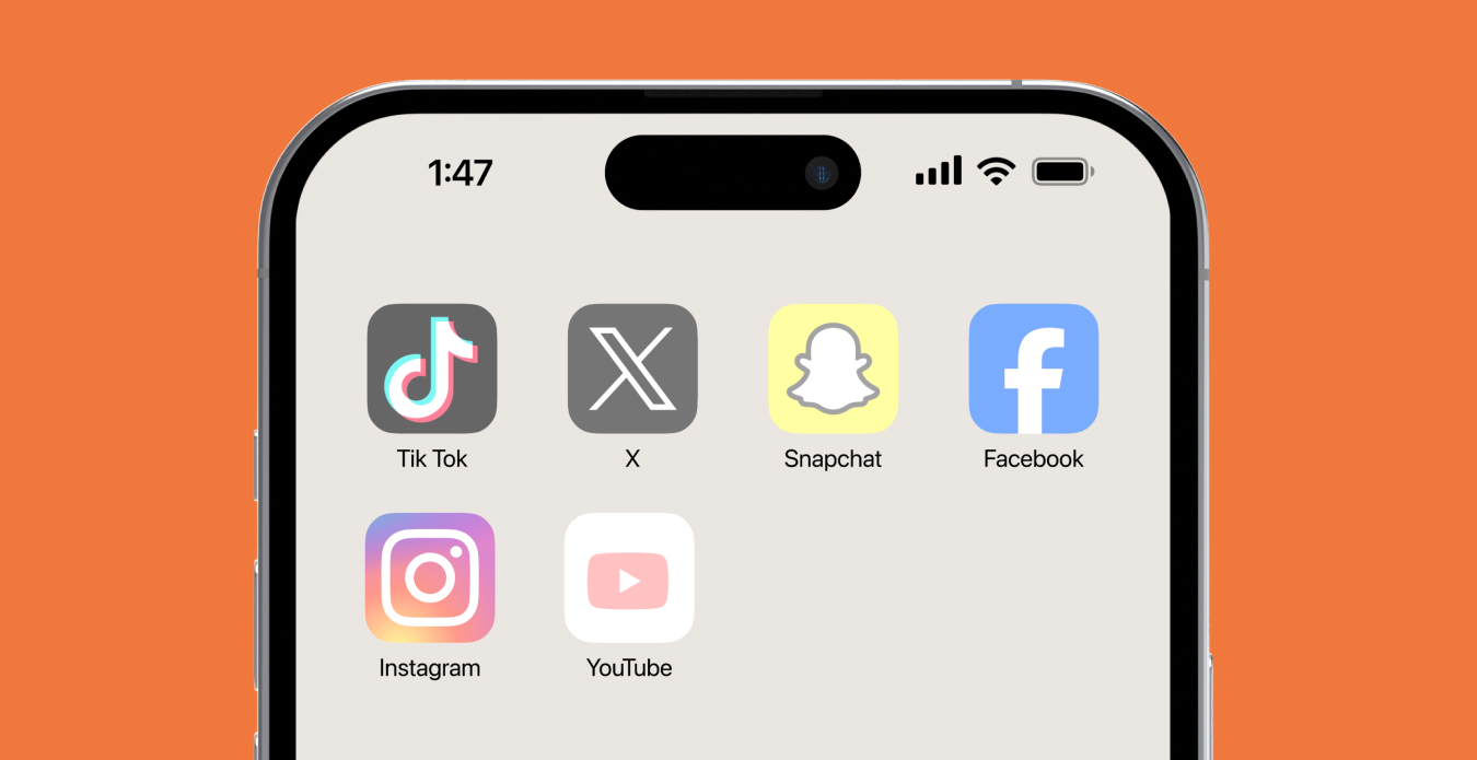 A smartphone home screen shows social media app icons including TikTok, X, Snapchat, Facebook, Instagram and YouTube in paler, faded colours against an orange background, visually representing restricted access and the impact of a social media ban that prevents young people from engaging with these apps.